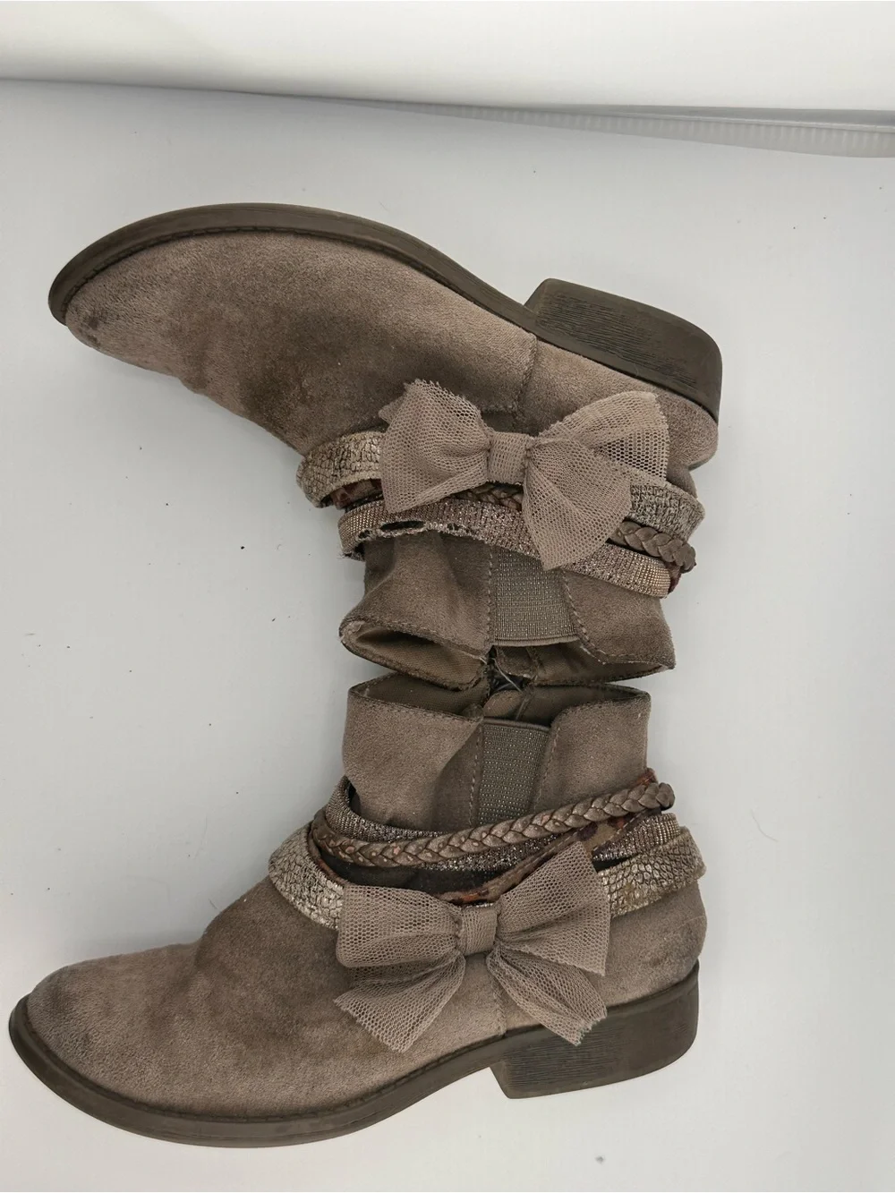 Kids Taupe Suede Ankle Boots with Decorative Bows